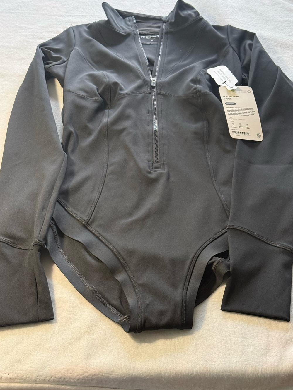 Phoenix Black Zip-Front Long Sleeve Swim Bodysuit. Medium